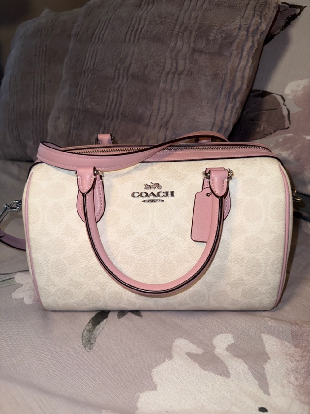 Coach Rowan satchel signature print with peony pink